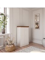 Estante de madeira com 1,19 m na cor branco lavado e mel e duas portas maciça / Coleção biblioteca